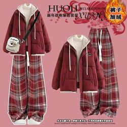 Junior High School Students (16 Years Old), High School Students (14 Years Old), Girls, Winter Sweet down Cotton Jacket with Fleece, Casual Plaid Pants Two-Piece Set, 15 Years Old