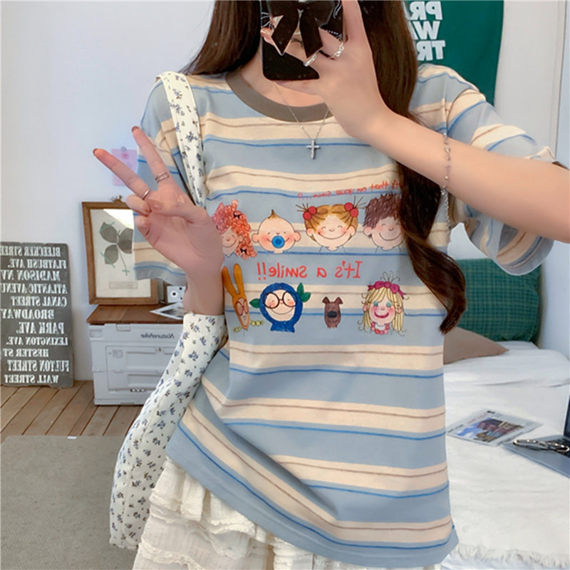 CD 2025 Striped Short-sleeved T-shirt Navy Blue White tencel 606658 main image 1