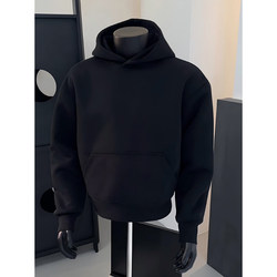 Cleanfit Black Sweatshirt for Men, Autumn and Winter, Fleece-Lined, High-Weight Hoodie, Worn as an Inner Layer, American High Street Style, Regular Shoulder Jacket