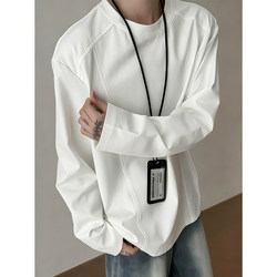 White Long-Sleeved T-Shirt for Men, Suitable for Wearing Outside or as an Inner Layer, with a Small American-Style Neckline, Fleece-Lined for Autumn and Winter, Regular Shoulder, Round Neck Sweatshirt