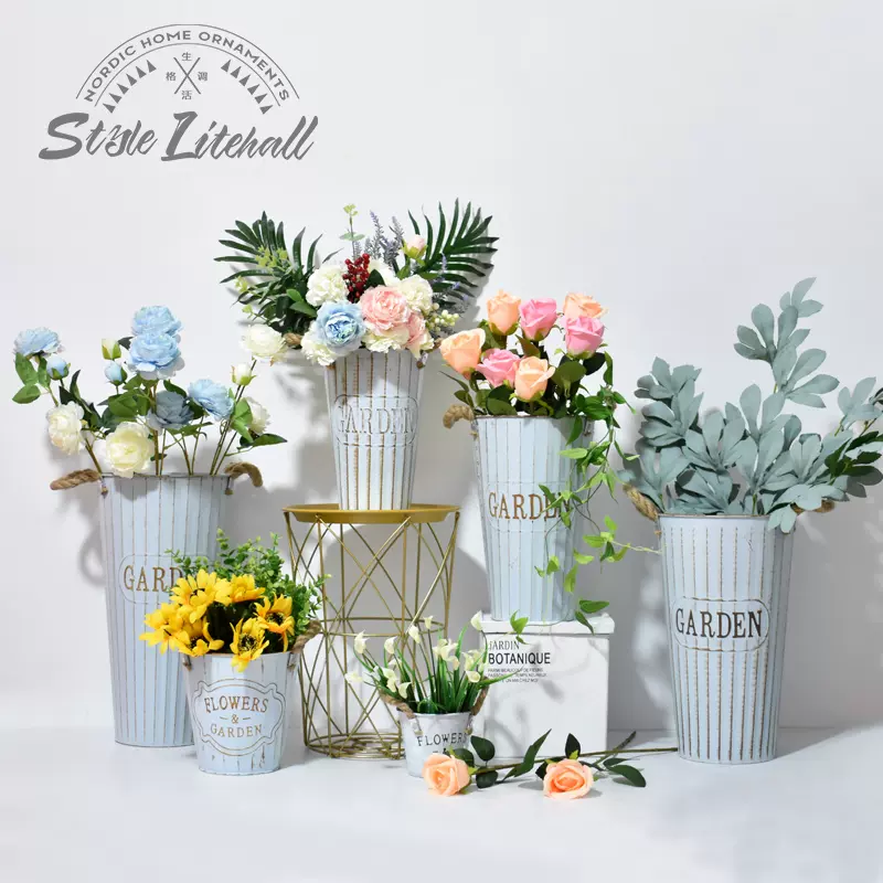 铁桶花盆装饰复古做旧铁艺迷你小花筒花店鲜花干花