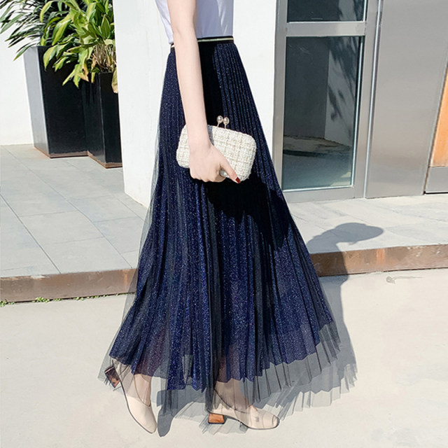 Net yarn skirt female new spring, summer, autumn and winter mid -length high -waist A -line skirts are thin shiny, pleated fairy skirt plus velvet
