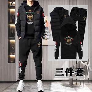 Autumn and winter new men's vest hoodie three -piece men's casual sports plus velvet thick trend sweater set
