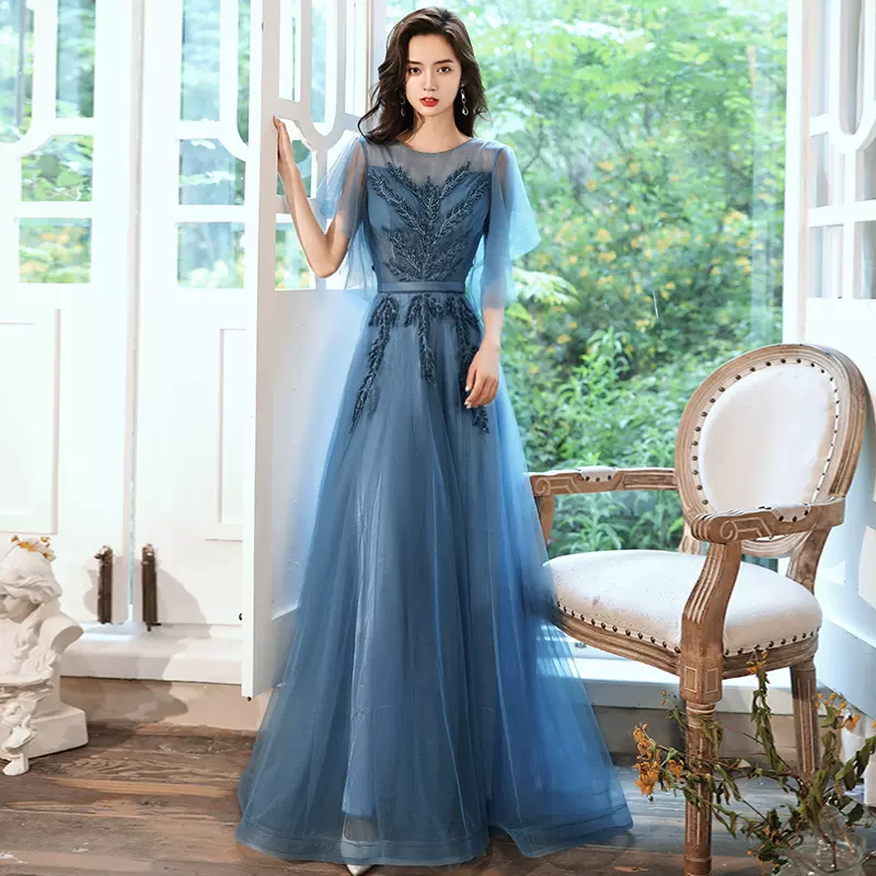 蓝色晚礼服裙高级感小众轻奢高端宴会气质主持人仙气成人礼演出服-Taobao