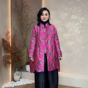 
Autumn and winter long-sleeved wide lady's high-end and elegant national style buckle mid-length Tang suit windbreaker jacket loose jacquard top