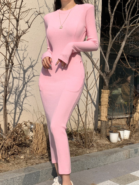 Women's autumn and winter round neck mid-length elastic pink inner long ...