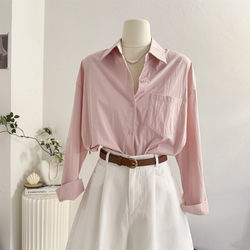 Korean Style Pink Long-Sleeved Shirt for Women 2026 Spring New Loose Casual Versatile Workwear Shirt Layering Top