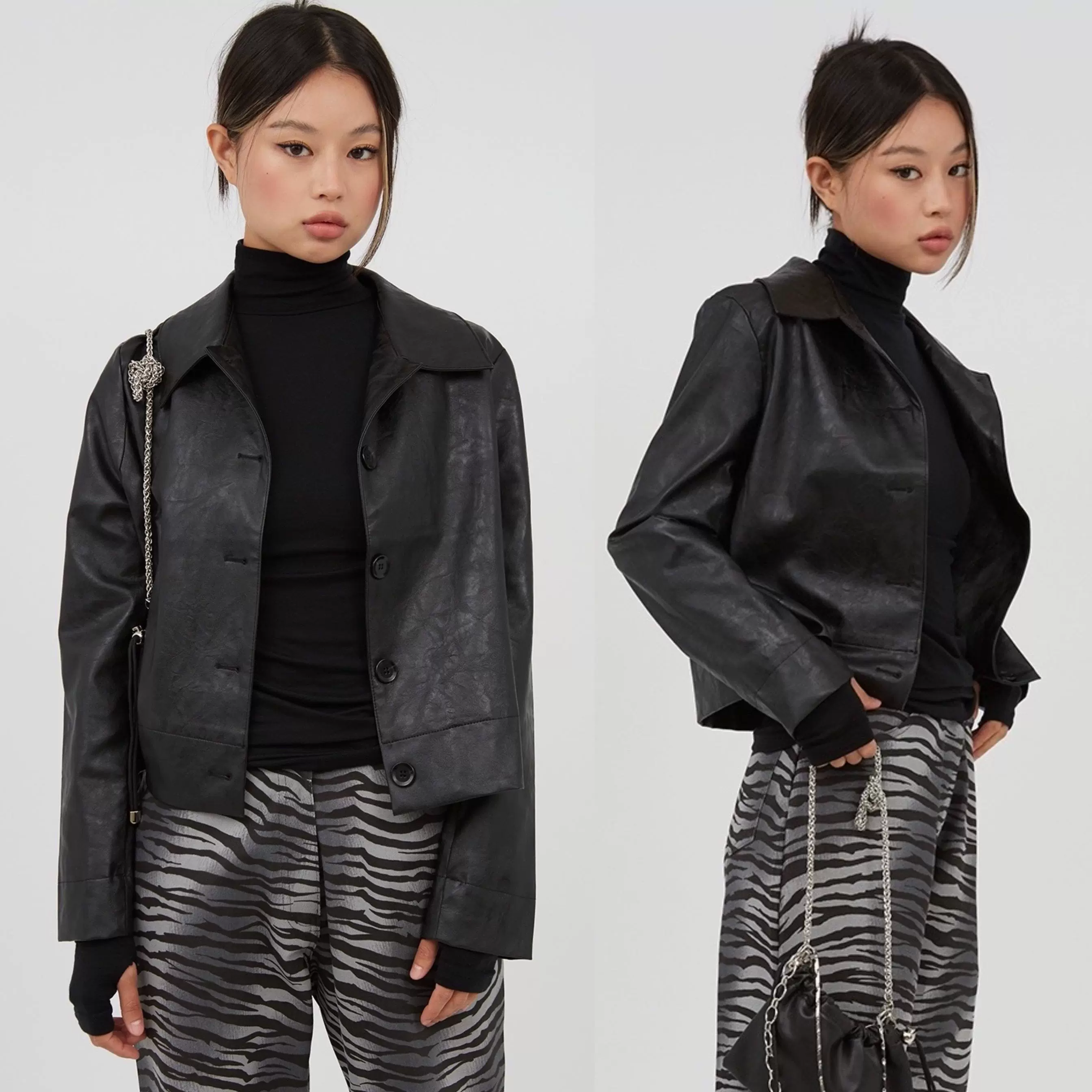 韩代rauco house女款皮衣夹克外套buttoned leather short jacket-Taobao