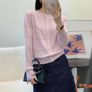 
Spring new style hollow hot diamond knitted cardigan women's round neck thin sweater jacket loose slimming versatile top