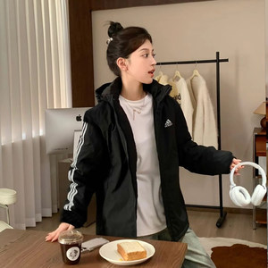 Adidas cotton clothing women's winter new hooded three -bars loose large size sportswear American warm female jacket
