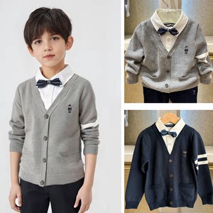 
Qing Autumn, Winter and Spring Weini Bear Boys' Bow Tie Shirt Fake Two-Piece Knitted Sweater Combed Cotton Wire Inspection Quality