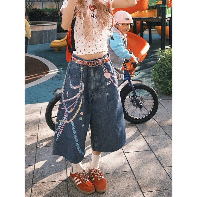 NECOYEP 2025 Spring American 3D Chain Color Printed Cropped Jeans Loose Wide Leg Shorts for Men and Women
