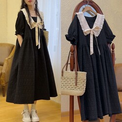 Plus Size 1.0-150kg French Jacquard Doll Collar Dress for Women, Summer Tummy-Concealing Slimming A-Line Midi Dress