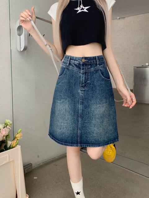 Large size retro high waist A-line denim skirt for women in summer new style fat girl high waist belly-covering and slimming midi skirt