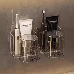 Toothbrush Holder, No-Drill Mouthwash Cup, Electric Toothbrush Couple Set, Wall-Mounted Toothpaste Holder, Bathroom Storage Organizer
