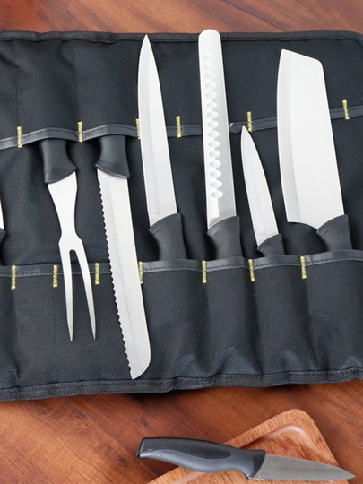 Borsa Porta Coltelli In Tela Cerata 7 Tasche – Custodia Pieghevole Professionale Per Chef, Barbecue E Campeggio, Verde