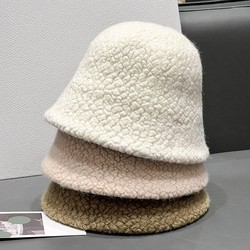 Hong Kong Purchasing Agent For Autumn And Winter Solid Color Grained Lamb Wool Bucket Hat For Women, Versatile, Fashionable, Simple, Face-showing Small Basin Hat