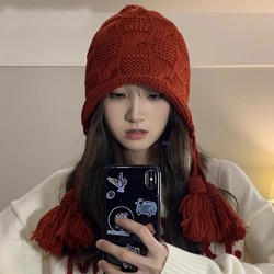 Hong Kong Purchasing New Year Red Hat For Women In Autumn And Winter Warm Woolen Tassel Pullover Hat Hand Knitted Ear Protection Hat
