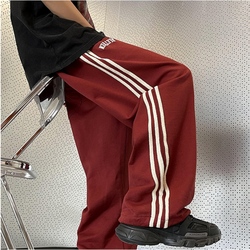 American Hiphop Striped Wine Red Sports Pants Summer Men's Hip-hop Casual Pants High Street Vibe Tide Brand