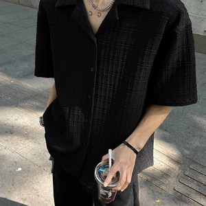 
American black texture jacquard short-sleeved shirt men's summer handsome high-end casual men's clothing Cuban collar shirt