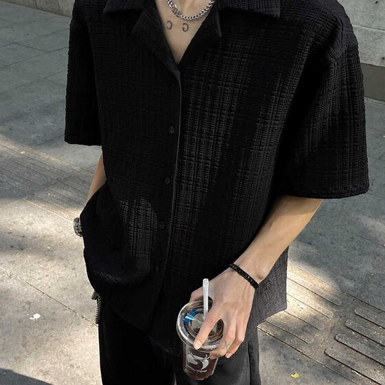 
American black texture jacquard short-sleeved shirt men's summer handsome high-end casual men's clothing Cuban collar shirt