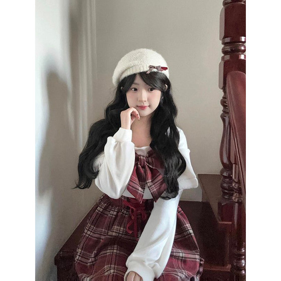 
2025 Atmosphere Little Skirt French Sweet Girl Red Plaid Bow Knot Waist Slim High Waist Dress for Women