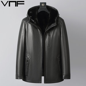 
Haining goatskin genuine leather jacket men's mink liner winter thickened hooded leather jacket mink coat coat