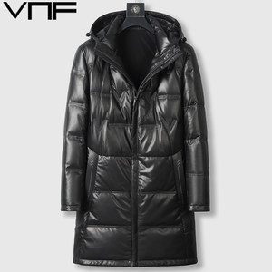 
Haining top layer calf leather jacket men's genuine leather down jacket mid-length hooded casual plush thickened jacket winter
