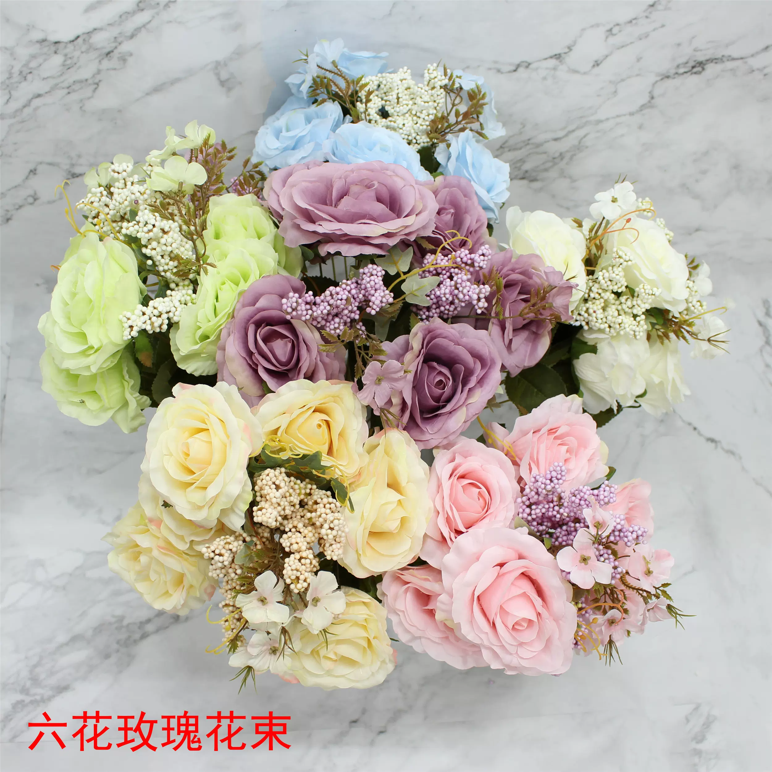 六花玫瑰花束假花绢布花客厅卧室花瓶插花装饰仿真花单 六花玫瑰花束假花绢布花客厅卧室花瓶插花装饰仿真花单