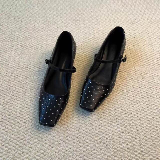 Sheepskin version French Mary Jane shoes for women 2025 new style square toe low heel small leather shoes rivet retro single shoes