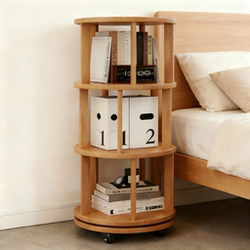 Zhuohe Rotating Bookshelf Floor-Standing Storage Rack for Small Apartments, Bedroom Home Use, Natural Wood Style, Movable Solid Wood Bedside Bookcase