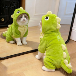 Cat Clothes for Autumn and Winter, Fleece-Lined and Thickened, Cute Kitten Ragdoll Silver Gradient Pet Dinosaur Four-Legged Outfit with Leash Clip
