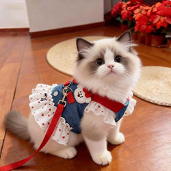 Cat Clothes New Spring and Summer Thin Denim Skirt Ragdoll Golden Tabby Cute Breathable Pet Harness Leash Skirt