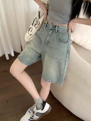Summer New Light Blue Denim Shorts for Women, Washed and Distressed, High-Waisted, Loose, Versatile, Straight-Leg, Wide-Leg Mid-Length Pants