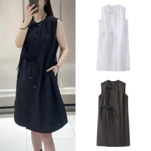 
[Clearout Special NO Return] Solid Color Lace Up Loose Sleeveless Long Skirt Women's New Chinese Style Disc Button Dress