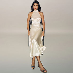 
Ref French high-end satin acetate evening dress elegant style halter neck sleeveless dress waist slimming long skirt