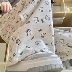 Girls' Kitty Cat Print Wide-Leg Pants, Spring, Autumn, and Winter Casual Pants with Fleece, Korean Style Sports Long Pants
