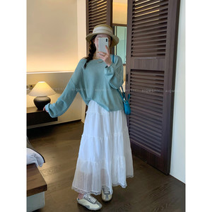 
Love Devil Fish Long Sleeve One-Neck Bright Silk Sweater Women's 2026 Spring New Loose Pullover Knitted Top