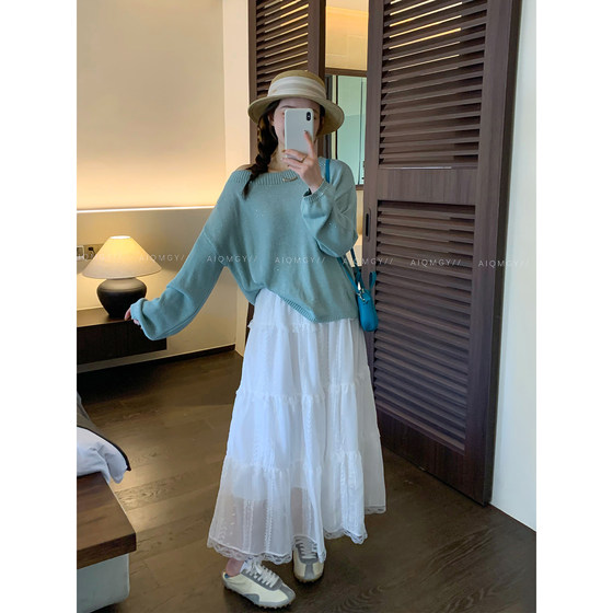 
Love Devil Fish Long Sleeve One-Neck Bright Silk Sweater Women's 2026 Spring New Loose Pullover Knitted Top
