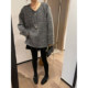 Love Devil Fish Gray V-neck Long Sleeve Lazy Style Sweater Women's 2024 Winter New Loose Casual Top