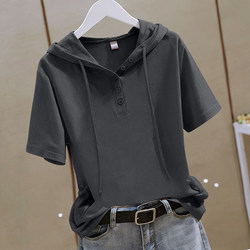 2026 New Fashion Button-Up Hooded Short-Sleeve T-Shirt for Women, Pure Cotton Summer Wear, Plus Size, Versatile, Slimming Top