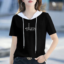 Pure Cotton Short-Sleeved T-Shirt for Women, Hooded, Color-Blocked, Summer New Style, Large Size, Stylish, Versatile Half-Sleeve Sweatshirt, Korean Style, Loose Fit