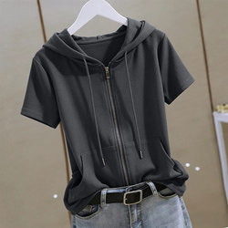 2026 New Style Double Zipper Cardigan Hooded Short-Sleeved T-Shirt for Women, Summer Wear, Large Size, Versatile, Slimming, Loose and Stylish Top
