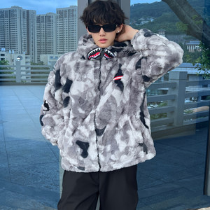 
2025 New Shark Mouth Irregular Pattern Wool Cotton Jacket Autumn and Winter Men and Women Couple Hooded Camouflage Cotton Jacket