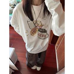 White Top for Layering, Autumn and Winter American-Style Lazy Loose-Fitting Chic Long-Sleeve T-Shirt for Women, Round Neck, Plus Size for Chubby Girls