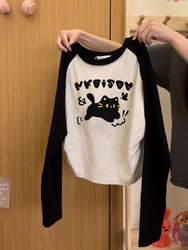 Autumn Color-Block Raglan Sleeve Pure Cotton Plus-Size Cat Vintage Style Thin Waist-Cinching Top for Chubby Girls, Niche Long-Sleeve Base Shirt