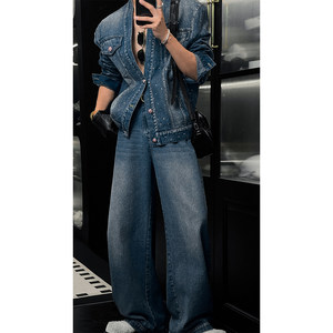 
Long Daodao's new autumn trendy American retro workwear hot diamond jacket versatile loose denim trousers suit