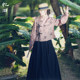 Spot new Chinese style lace-up printed cardigan black waist vest skirt for women two pieces