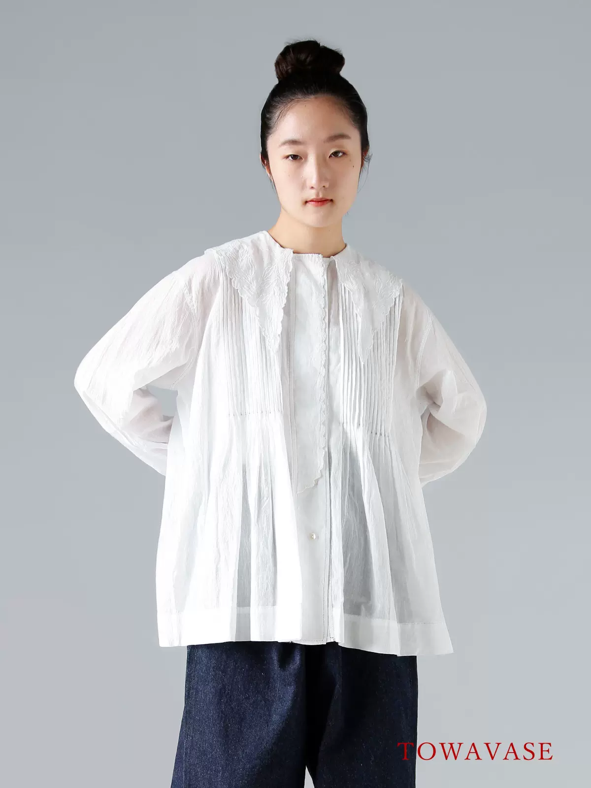 TOWAVASE 23AW Khadi Cotton Fille Blouse 棉质刺绣长袖衬衫-Taobao