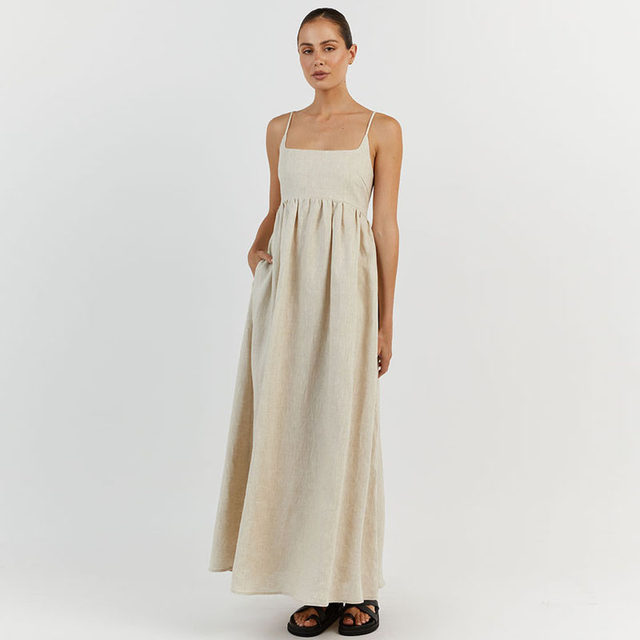 posed French square collar black white cotton linen suspender dress for women's temperament beach slim vacation long skirt